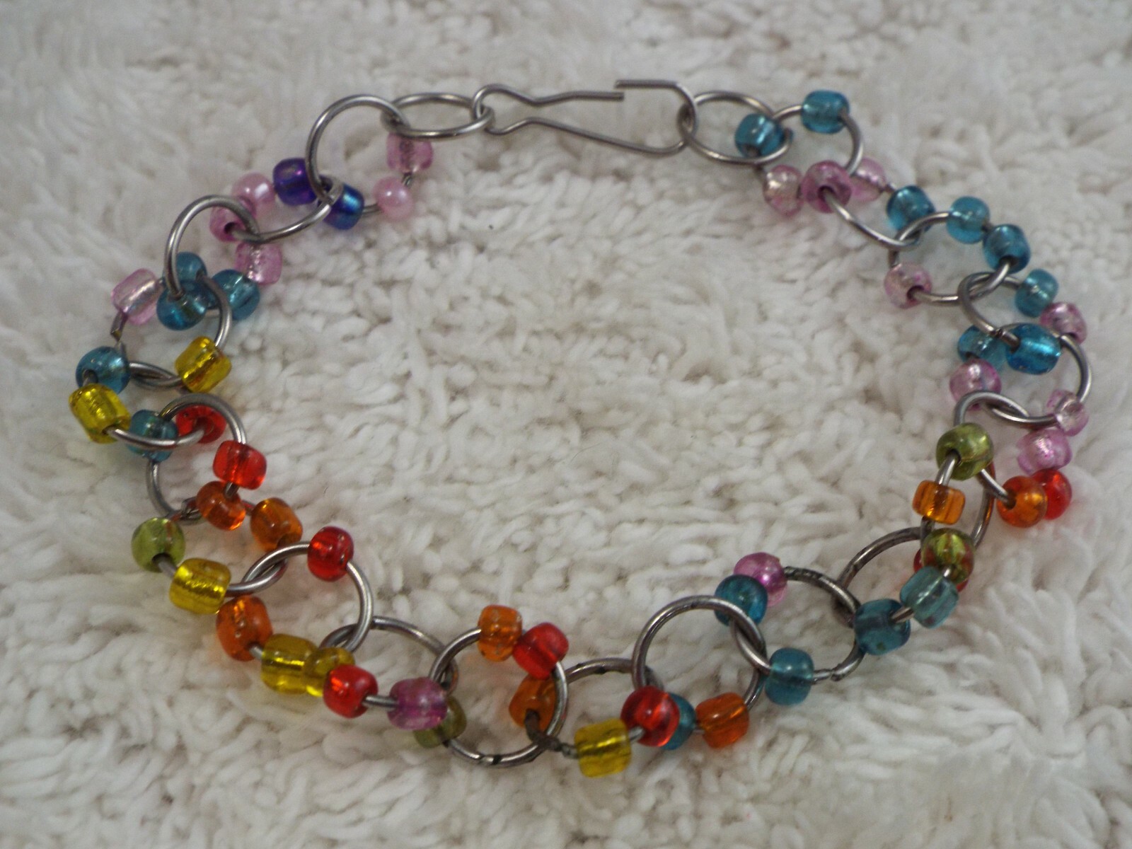 Rainbow Colorful Bead Silvertone Ring Bracelet (D56)