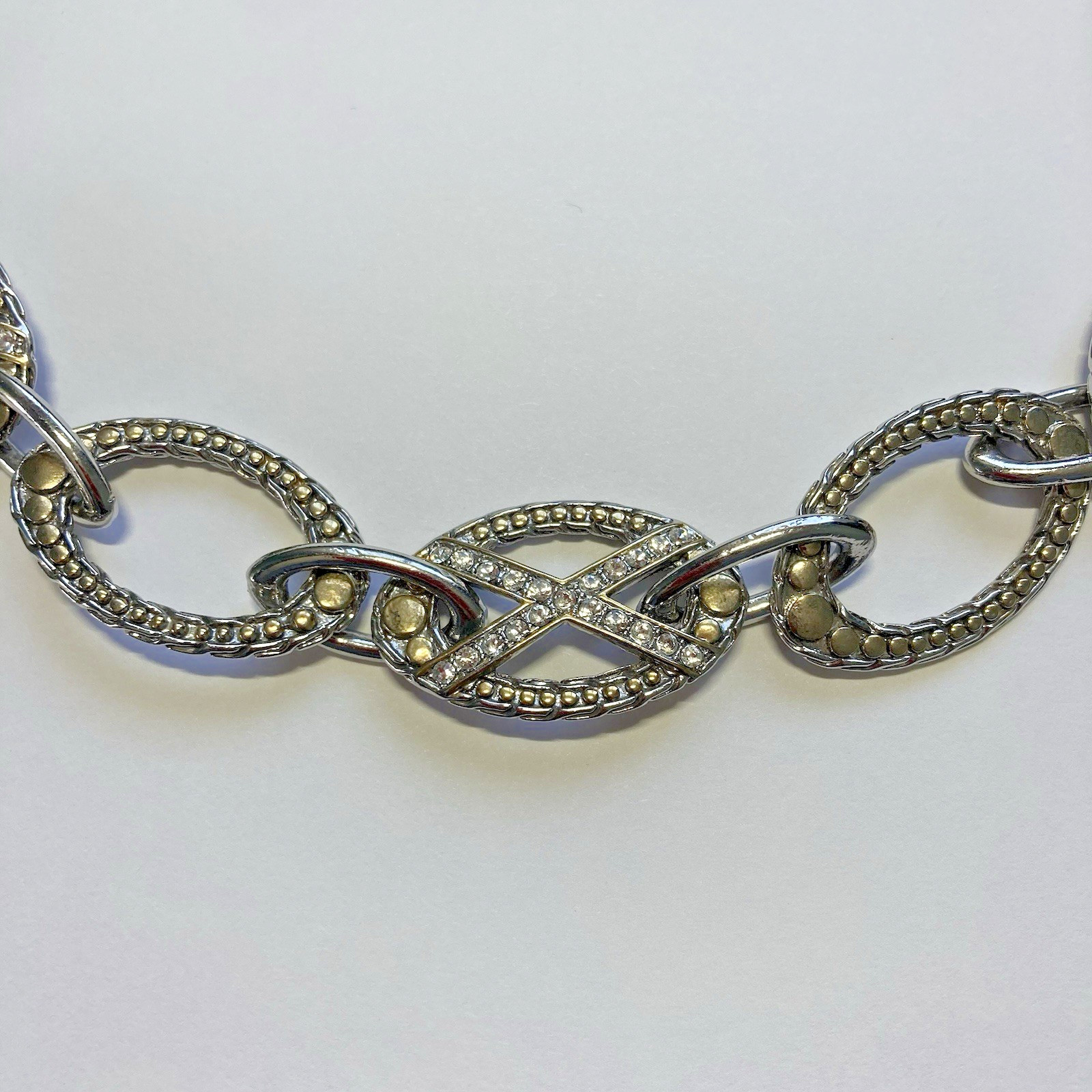 Vintage Silver Tone Oval Chain X Cross Rhinestone Necklace 17.5 in