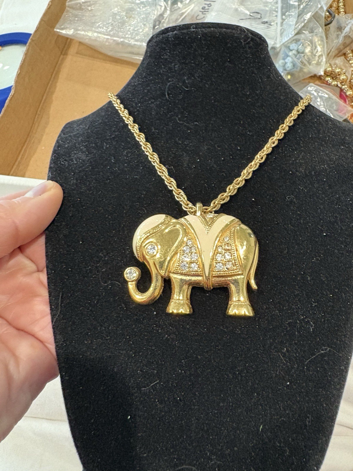 KJL VTG Kenneth J Lane for Avon Enamel & Rhinestones Elephant Necklace Signed