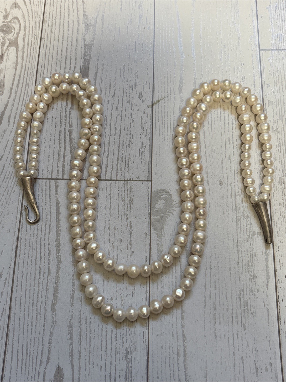 Vintage Double Strand Genuine Pearl Necklace 925 Sterling Silver Cone Hook Clasp