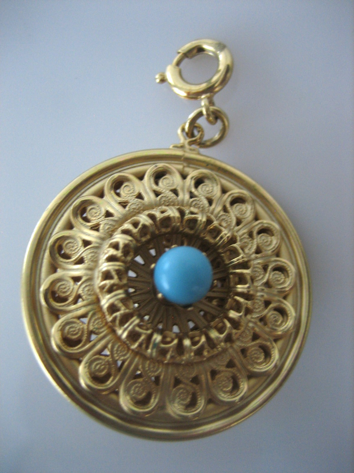 VINTAGE GOLD TONE FILIGREE FAUX PEARL TURQUOISE CHARM