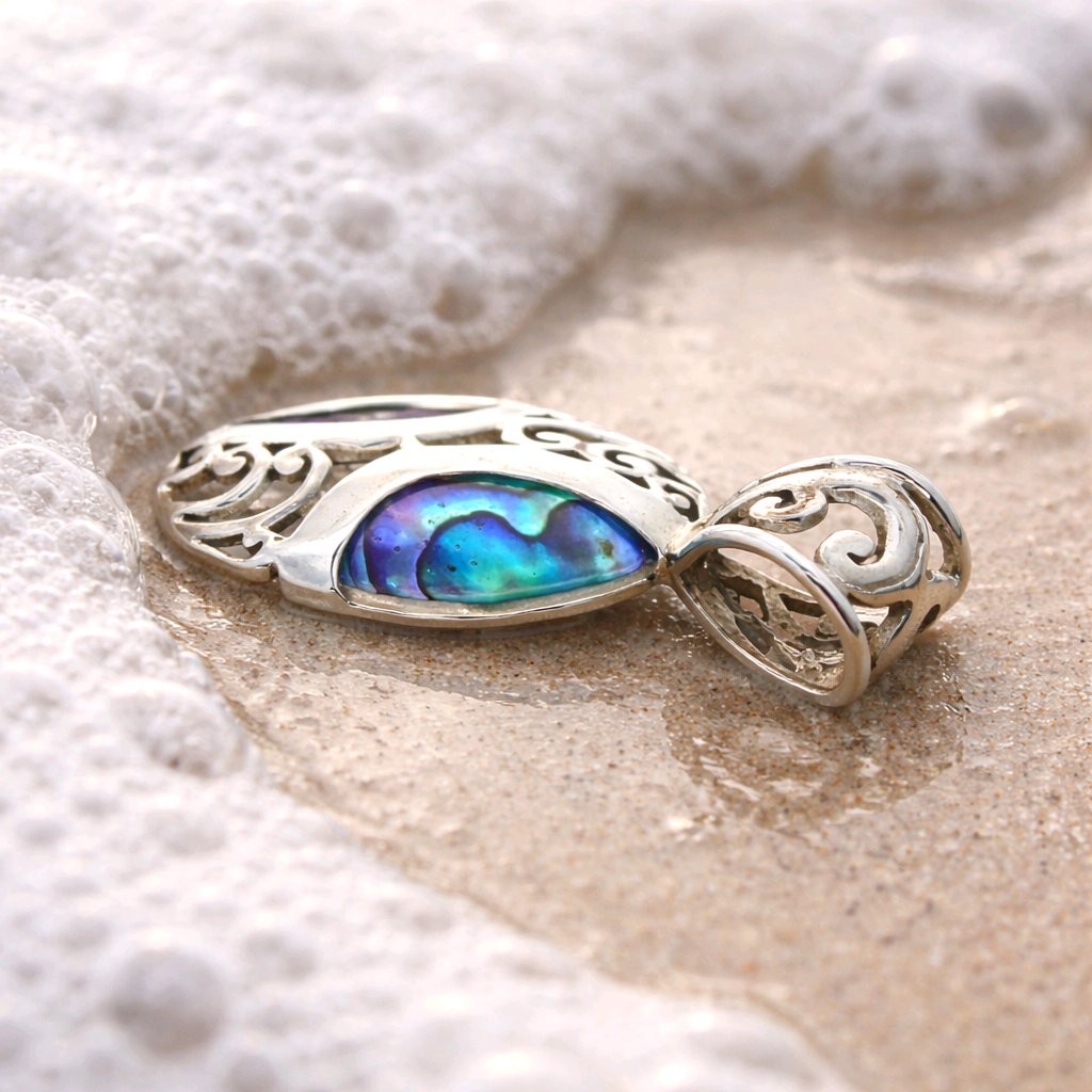 Abalone Pendant Sterling Silver Paua Shell Necklace Bali Swirl Filigree 925