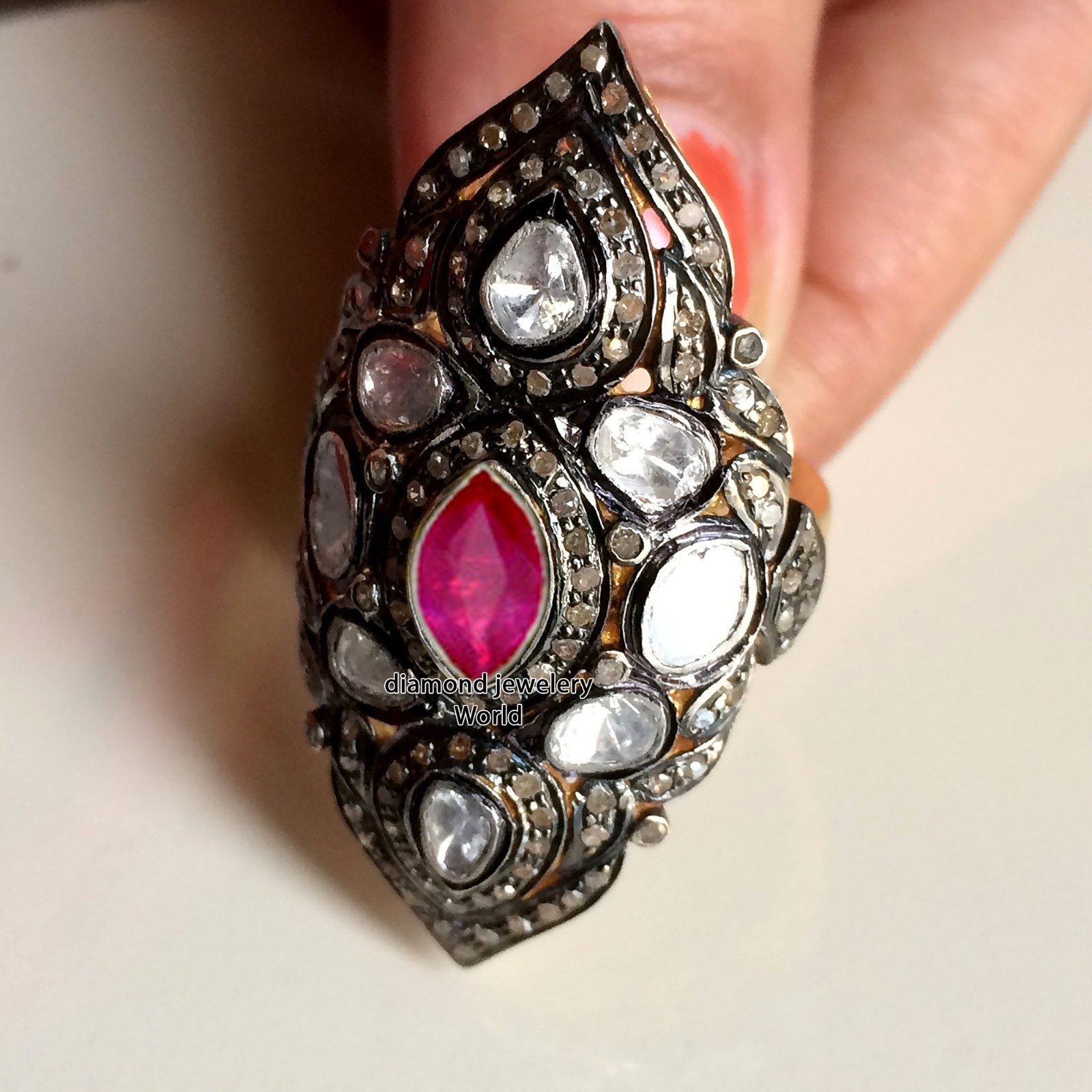 2.82ct Rose Antique Cut Diamond Ruby Studded Silver Vintage Amazing Ring Jewelry