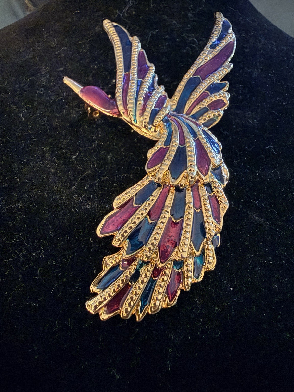 Vintage 80s large cloisonné purple and Blue Gold Toned Brooch