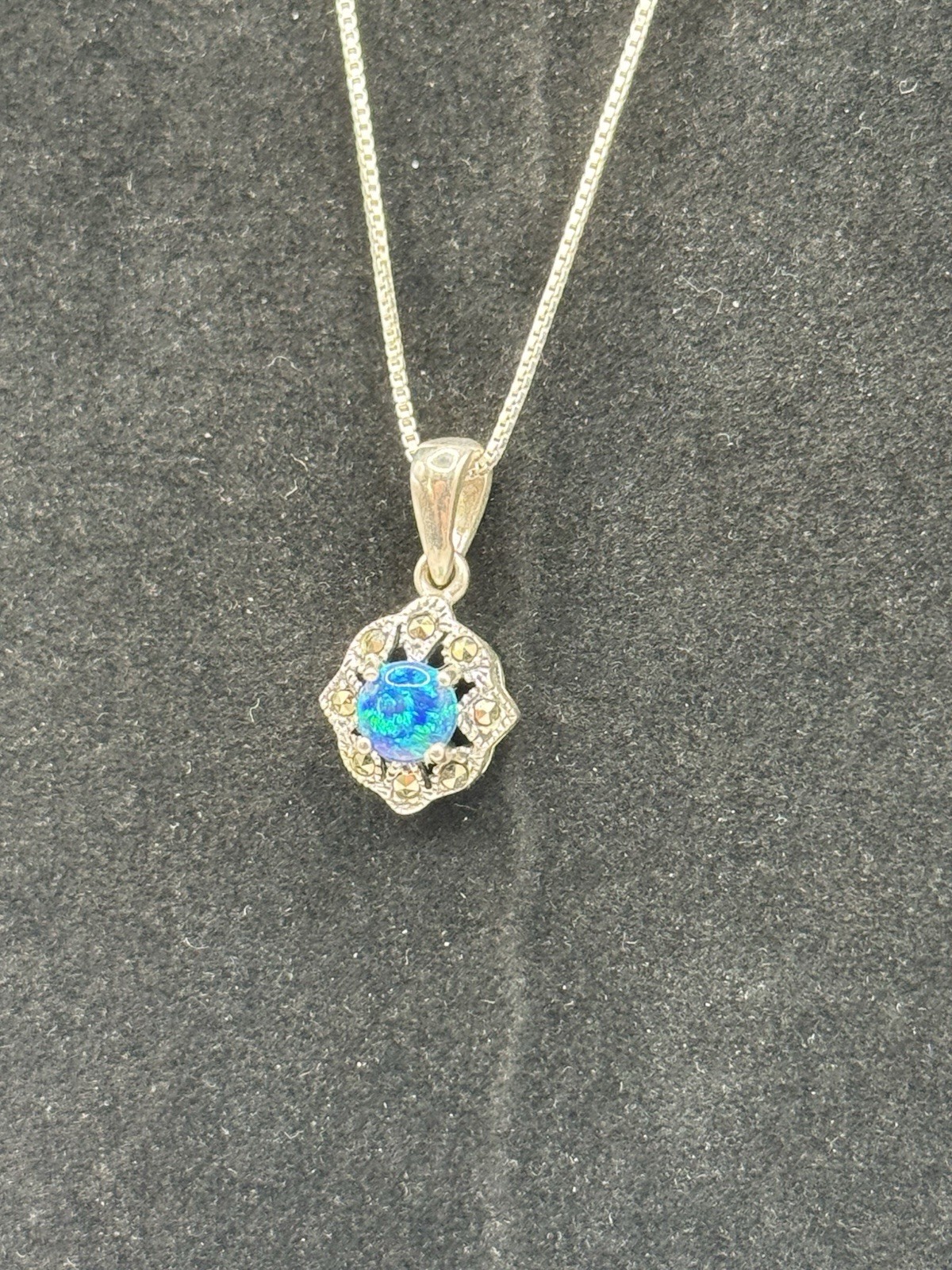 VTG: Sterling Silver925 Pendant Blue-Crafted Opal W/ Marcasite Surroundings 18”