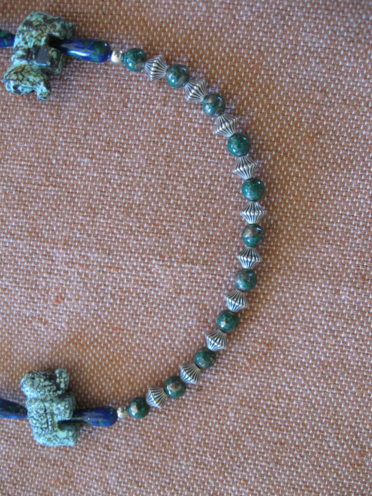 Vintage Malachite-Azurite/ Turquoise Elephant & Silver Beaded Necklace 23″ Long