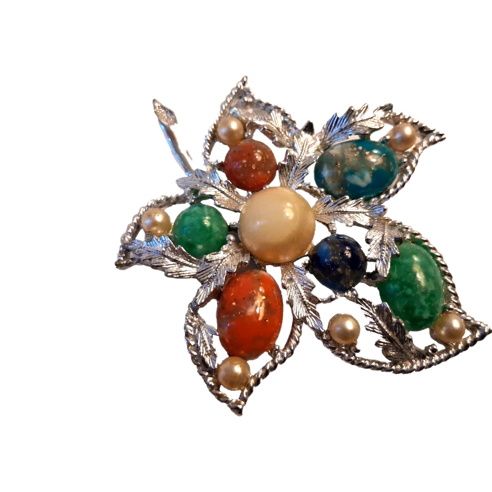 Vtg 1968 UV Glow SARAH COVENTRY Fantasy Brooch Silver Leaf Multicolor 3″ x 2.25″