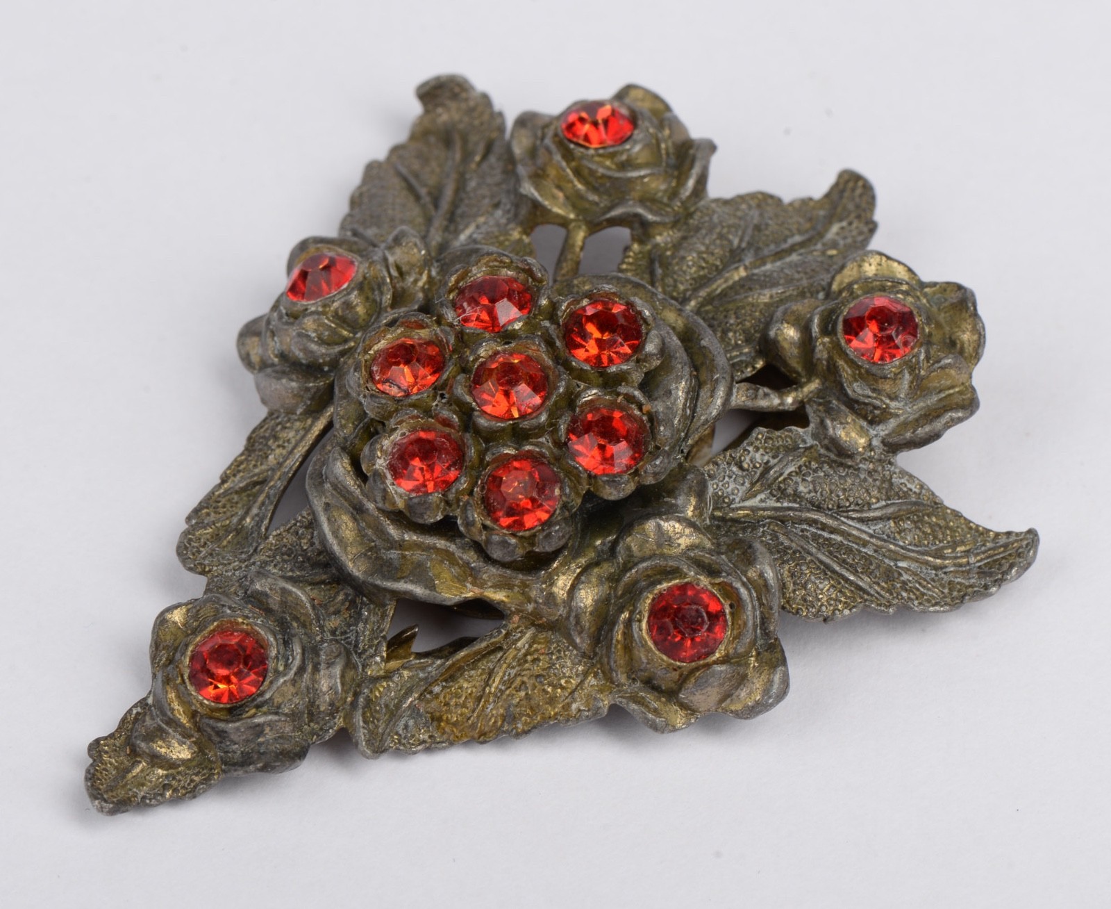 Vintage Red Rhinestone Floral Dress Clip Fur Clip Rose Bouquet 2.68in