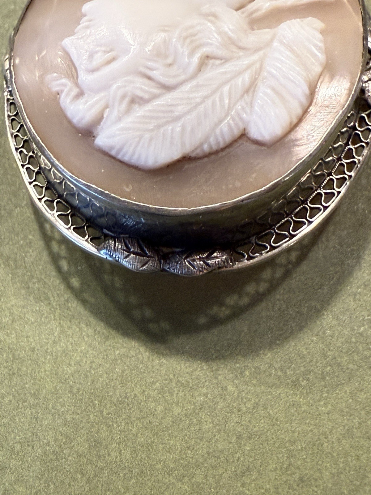Vintage Ornate Sterling Silver Angel Skin Coral Cameo / 2″ x 1.5″ / BEAUTIFUL