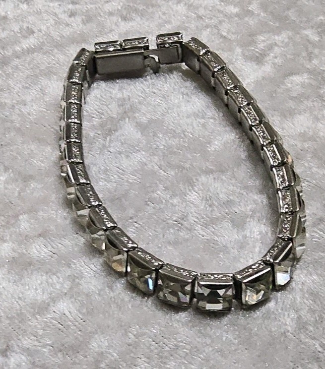Vintage H&SO Sterling Silver White Glass Paste Rhinestone Tennis Bracelet 7.25In