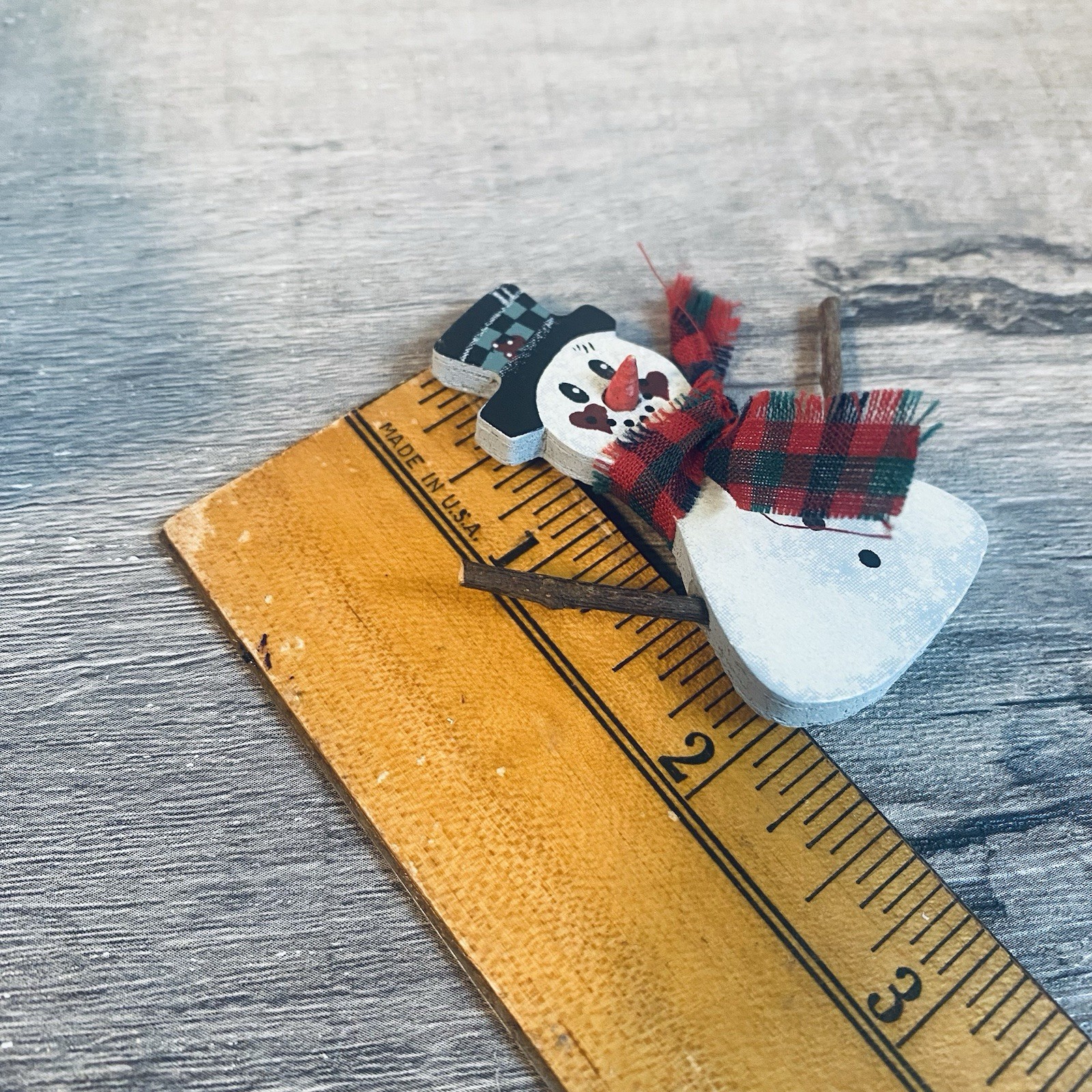 Vintage Hand Crafted Folk Art Wooden Christmas Snowman Carrot Nose Pin Brooch