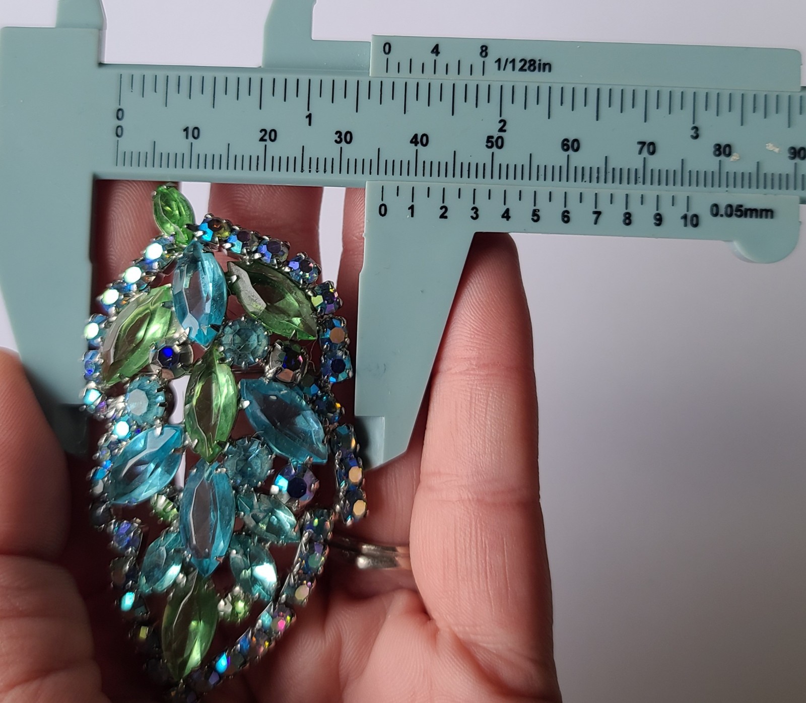VTG MCM Aque Blue & Lime Green Rhinestone Leaf Brooch Pin (Some AB Finish)