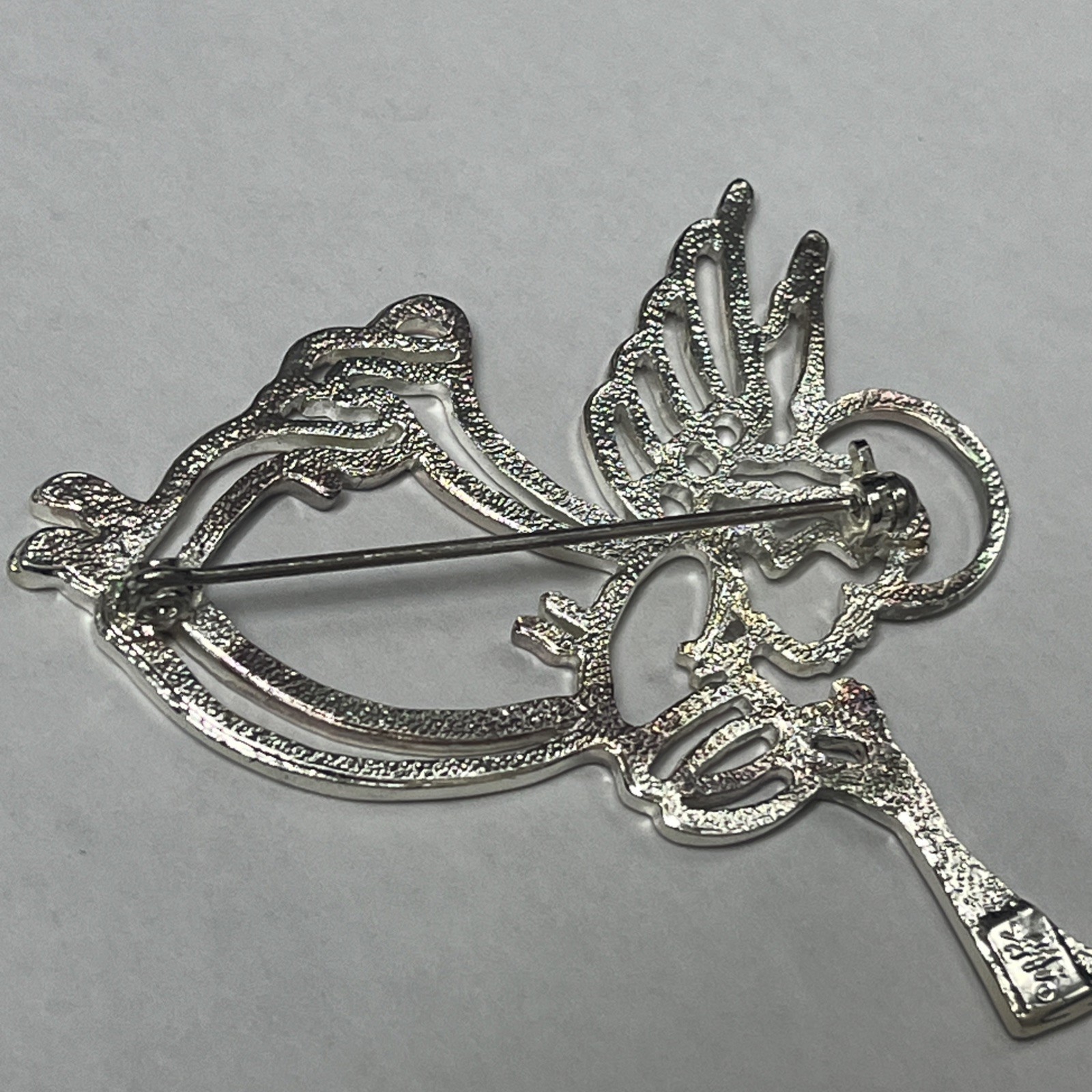 Vintage Silver Halo Angel With Wings & Blowing Trumpet Brooch Lapel Pin Costume