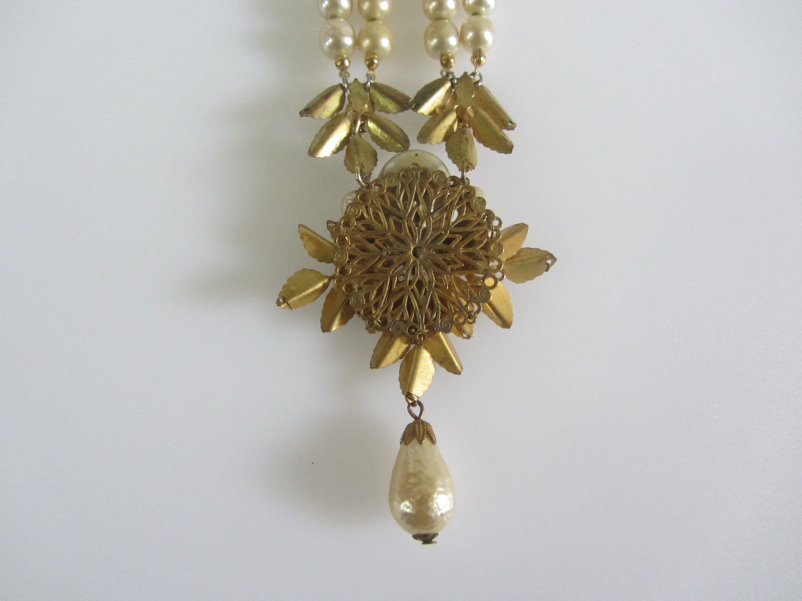 Vintage Signed Miriam Haskell Double Strand Pearl Necklace with Ornate Leaf Pend
