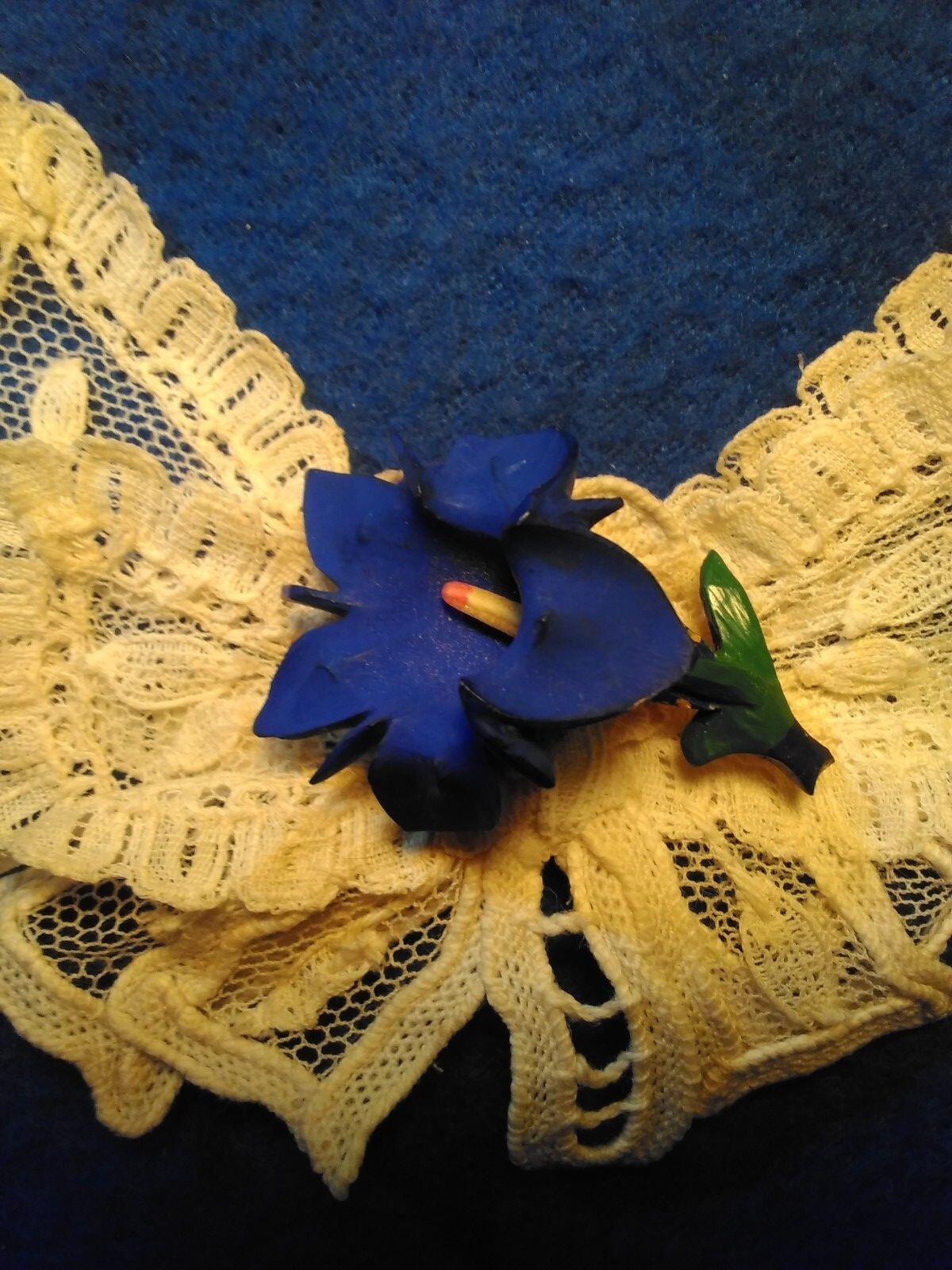 Vintage Violet Blue Floral Brooch Pin On Butterfly Shaped Delicate White Lace