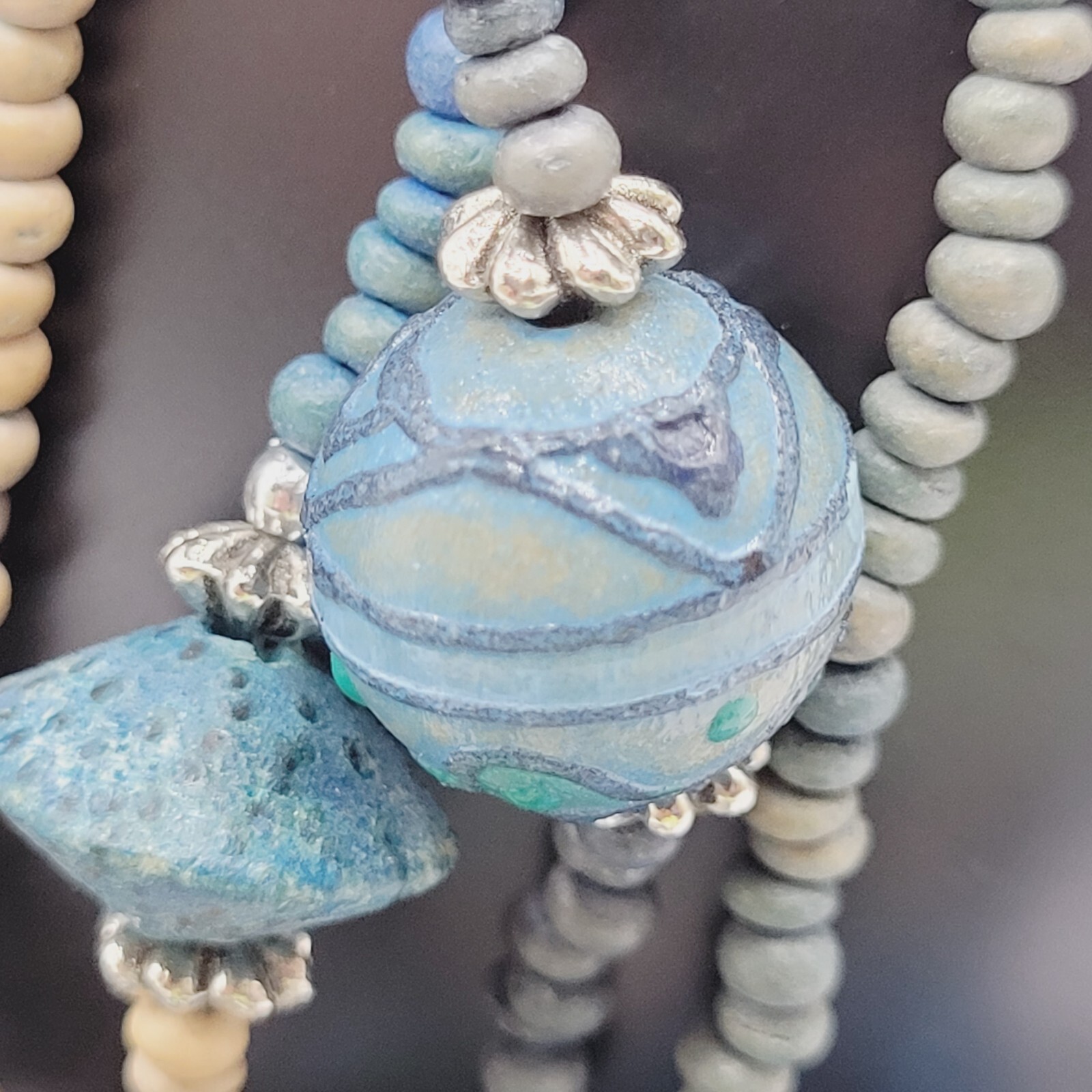 Peacock Blues Silver Tone Multi Strand Unique Bead Styles Vintage Necklace 24 In