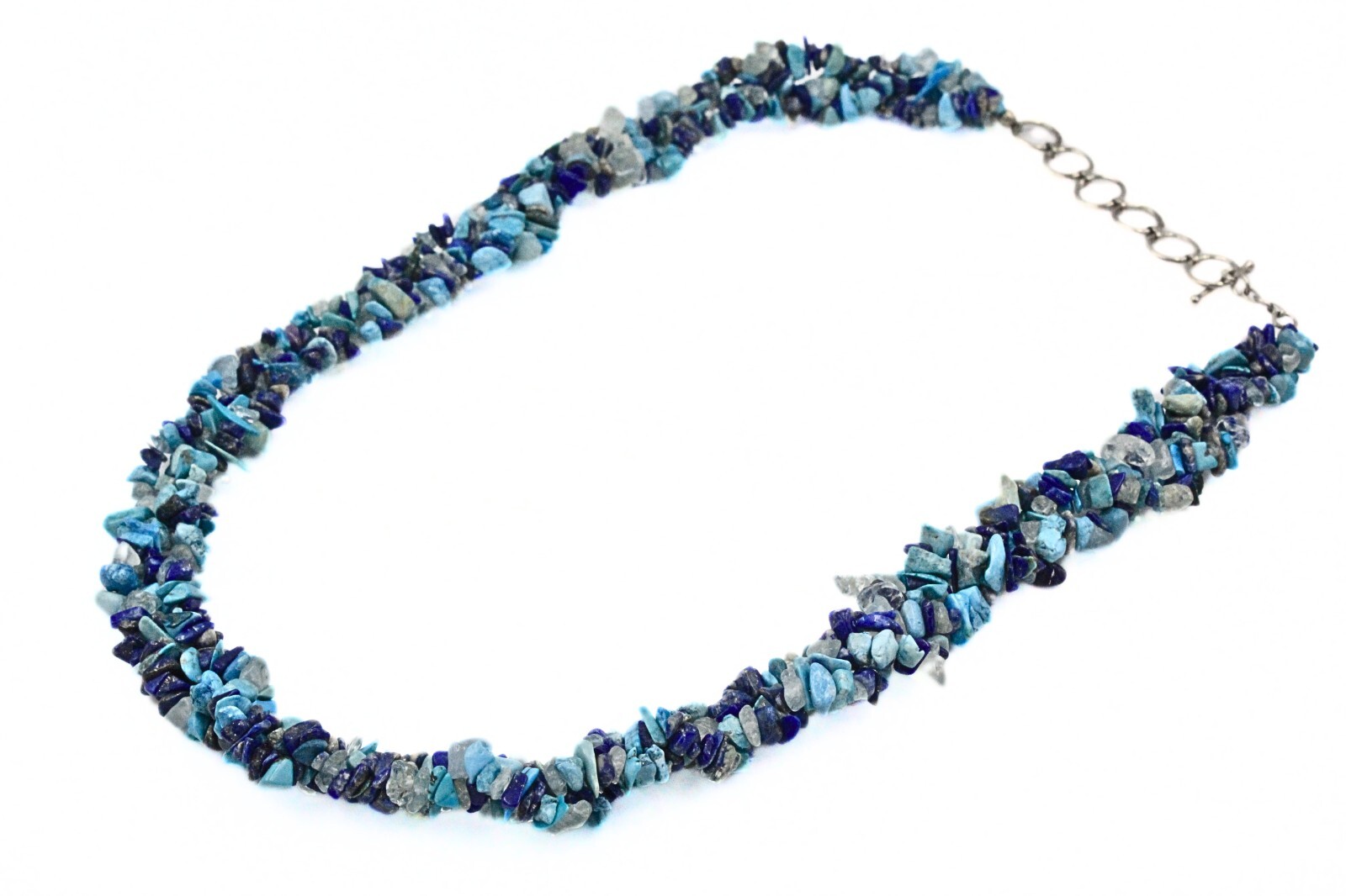 Stunning HSN Lapis Quartz Turquoise Nugget Beads Braided Rhodium Plate Necklace