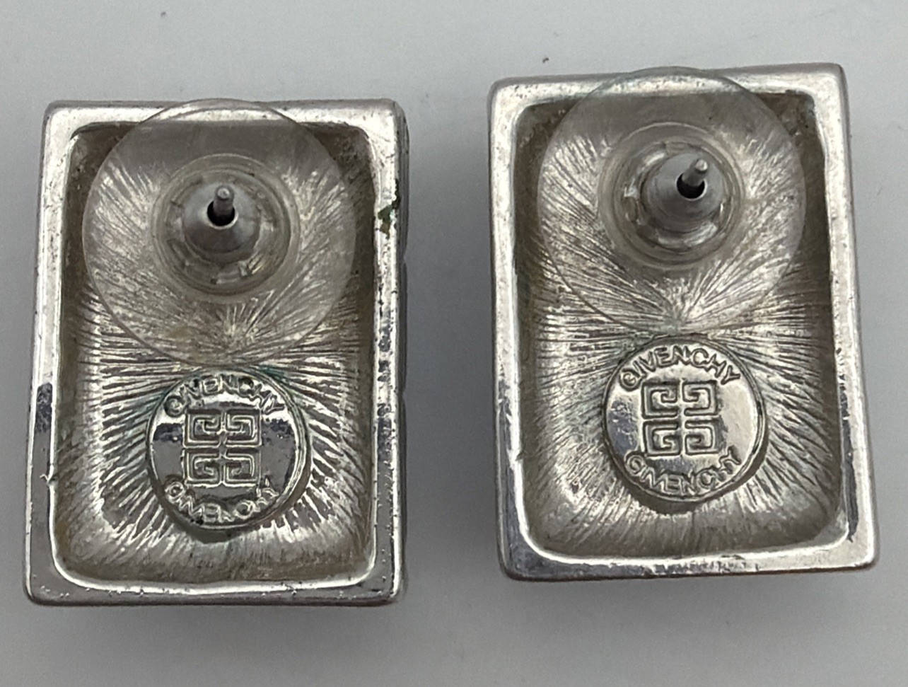 Vintage Givenchy Blue Crystal Intaglio Earrings Signed Designer Silver Tone