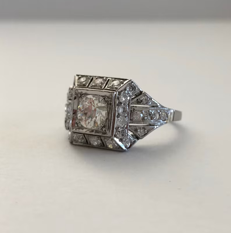 1920s Art Deco Engagement Ring Old European Cut 0.5ct Silver Antique Vintage