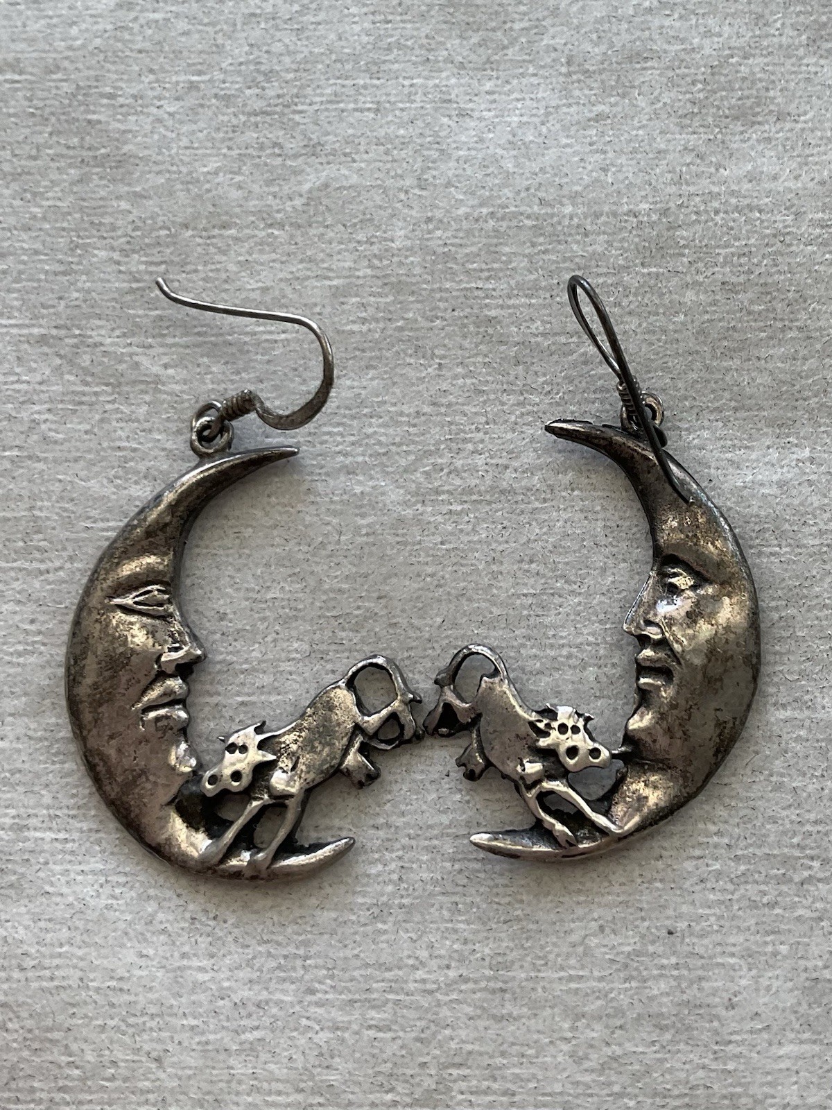 Vintage 925 Sterling Silver Moon Earrings With Jumping Cow Estate Jewelry