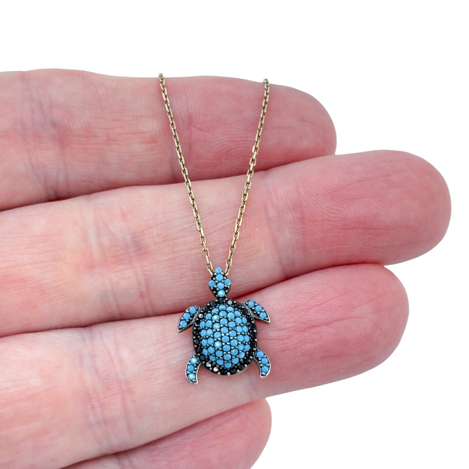Vintage Gold-Tone Sterling Silver 925 Blue Black Crystal Turtle Necklace 16″-18″