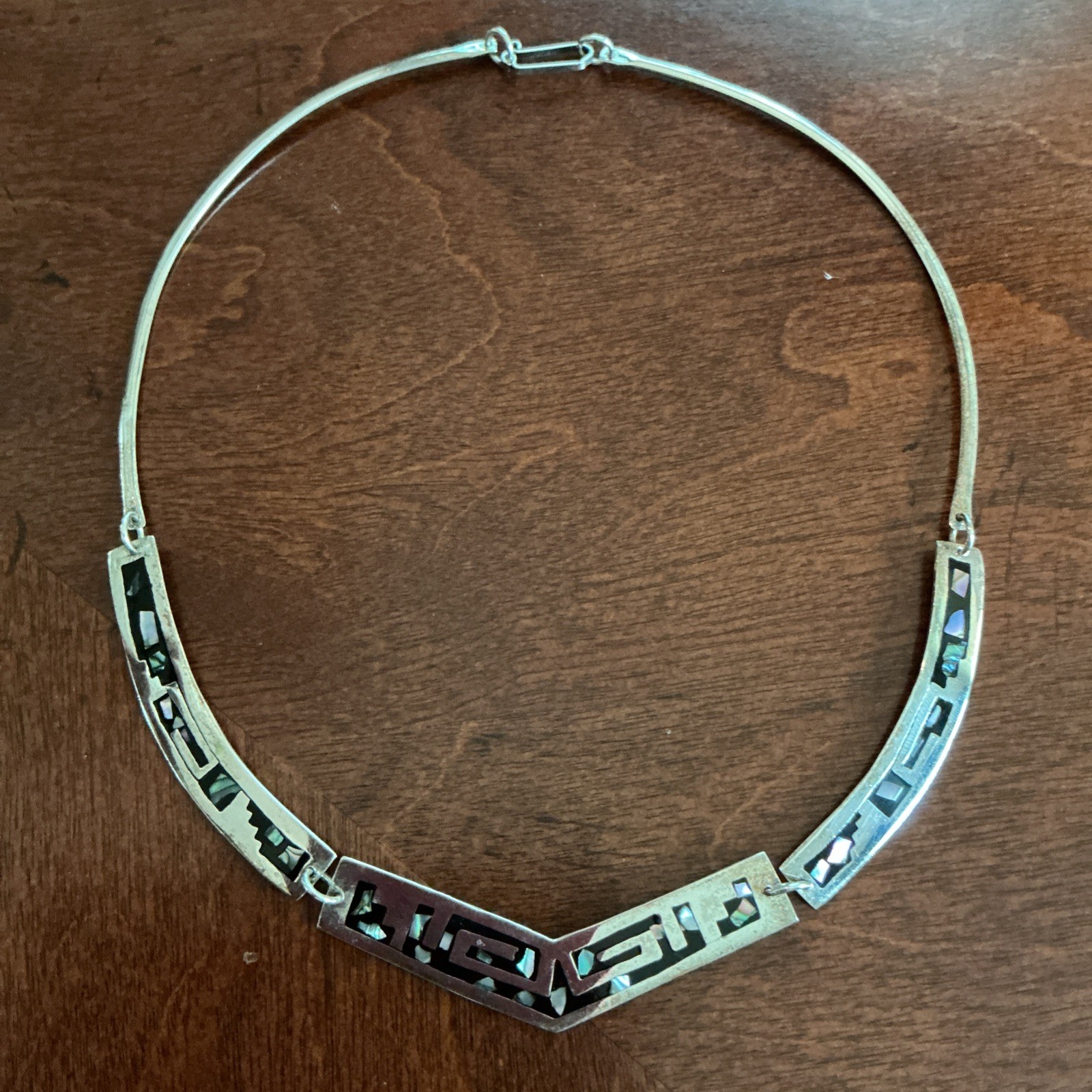 Vintage Alpaca Silver Mexico collar necklace with abalone shell inlay 16.5 in
