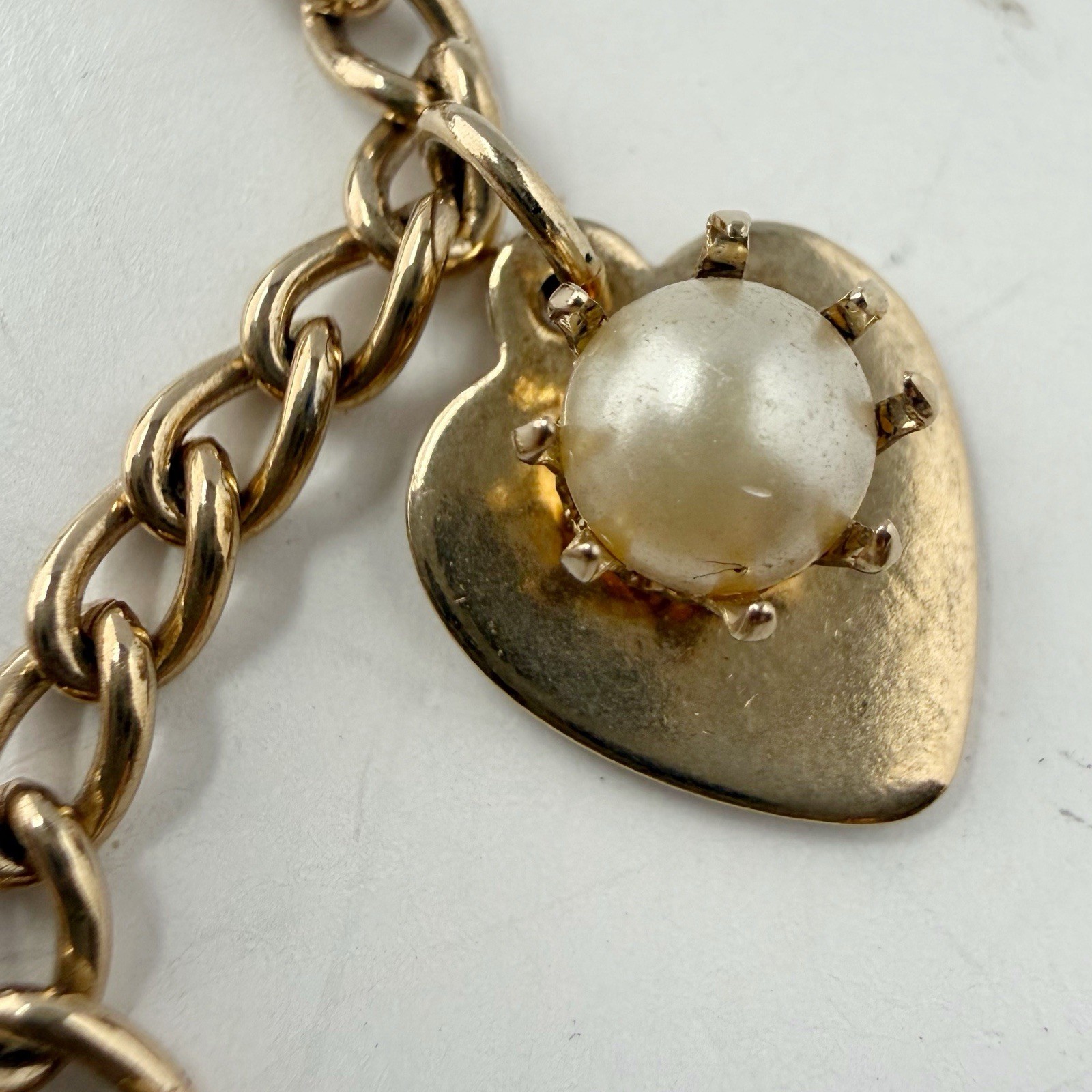 Vintage Charm Faux Pearl Chain Bracelet Tambourine Wheelbarrow Heart Etc
