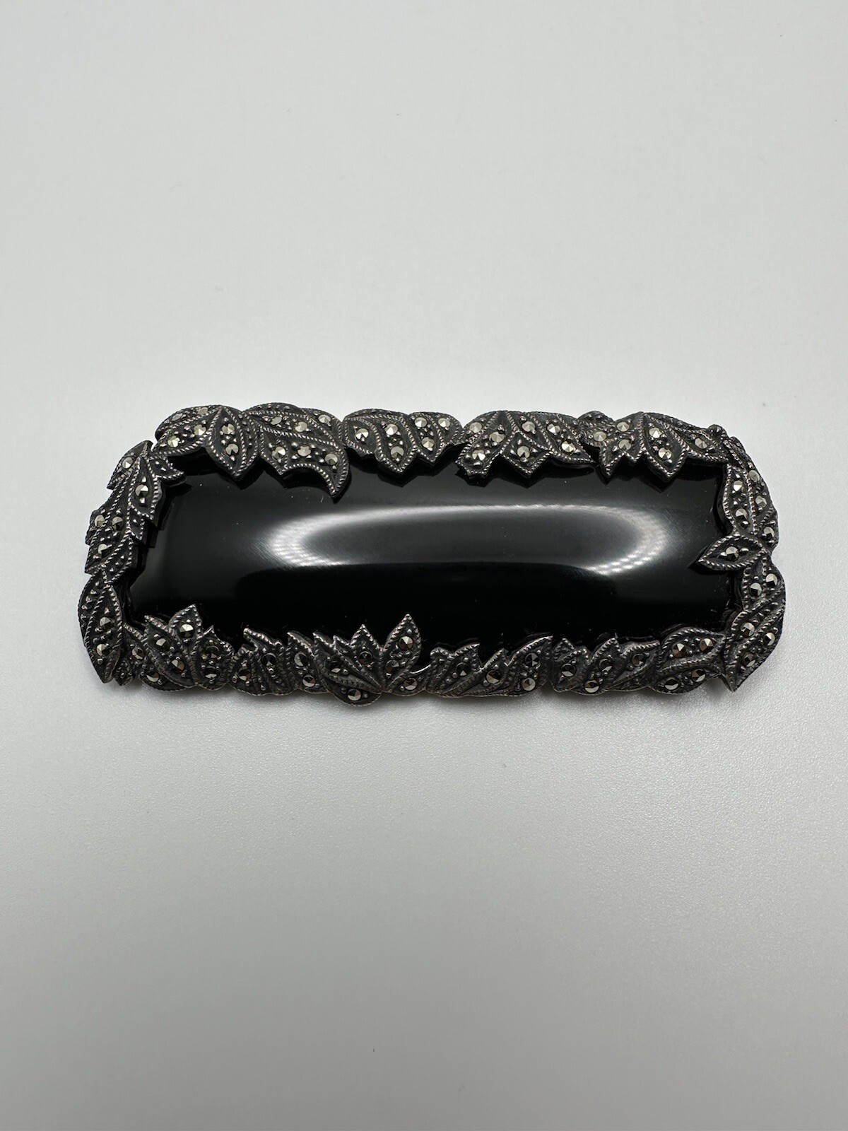 Huge Vintage Sterling Silver Onyx Marcasite Laurel Leaf Brooch 7.5cm BB1