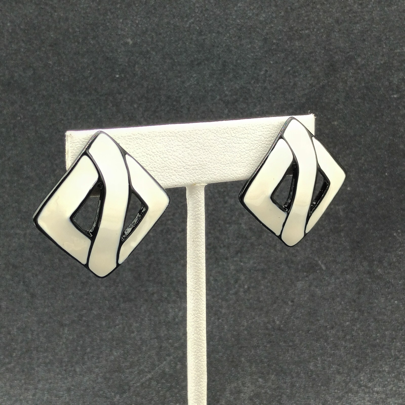 Vintage Pierced Earrings White Black Enamel Open Square Drop 1 3/8″