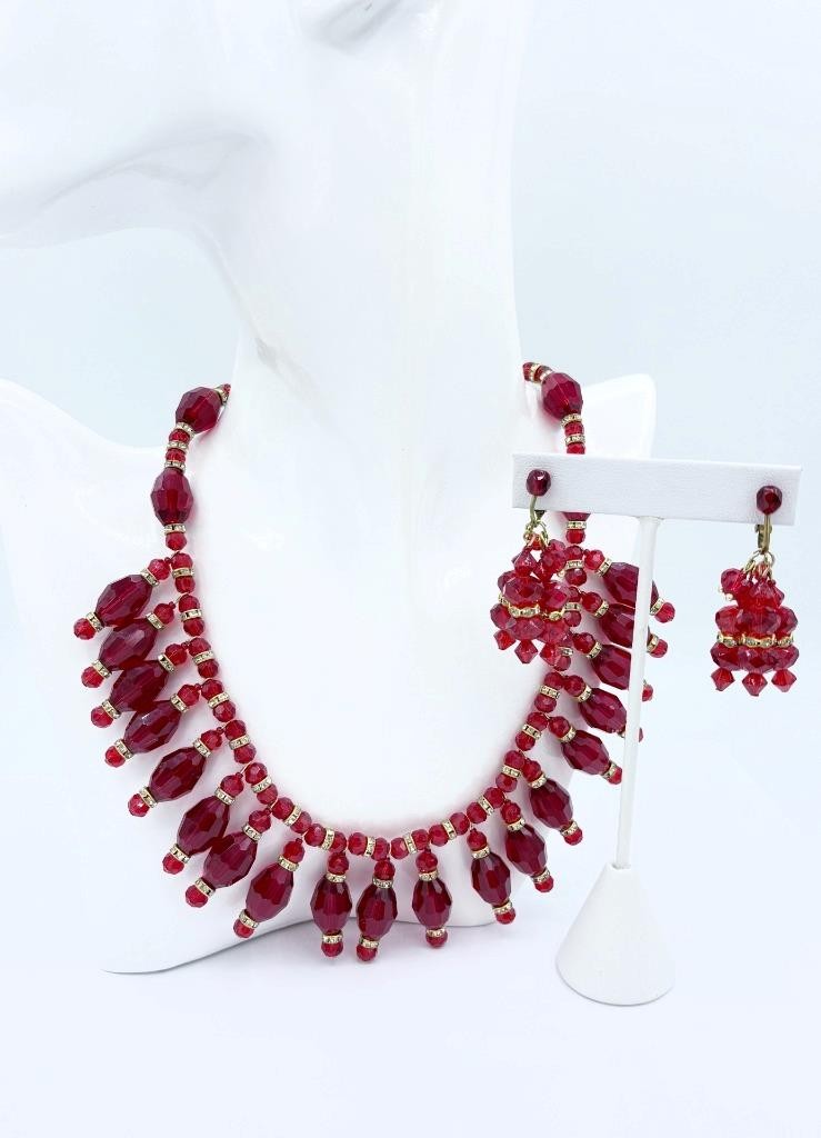 2 Pc Matching Set Signed Anka Ruby-Red Beaded Rhinestone Necklace & Earrings