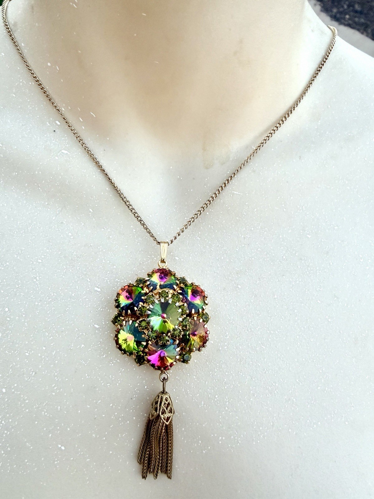 Vtg Juliana Watermelon Heliotrope Rivoli Tassel Pendant Necklace