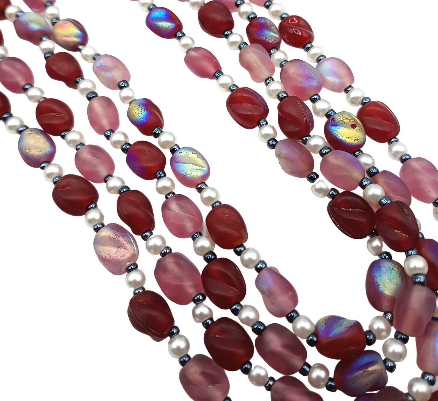 Vintage Glass Beaded Iridescent Necklace Pink Red Purple Four Strand Costume Jew