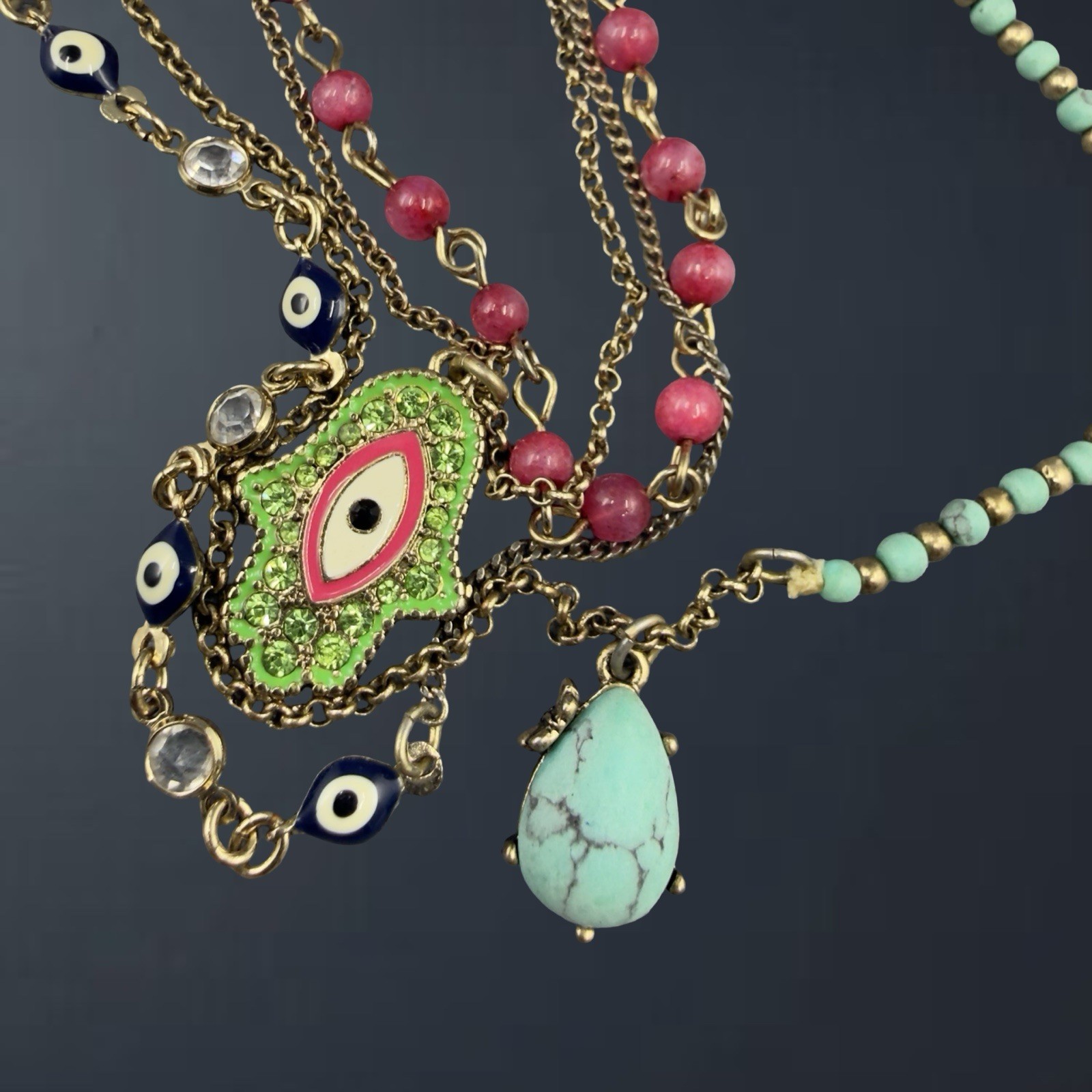 RETIRED Betsey Johnson 🎀 RHINESTONE Evil Eye Hamsa Layered Necklace Turquoise