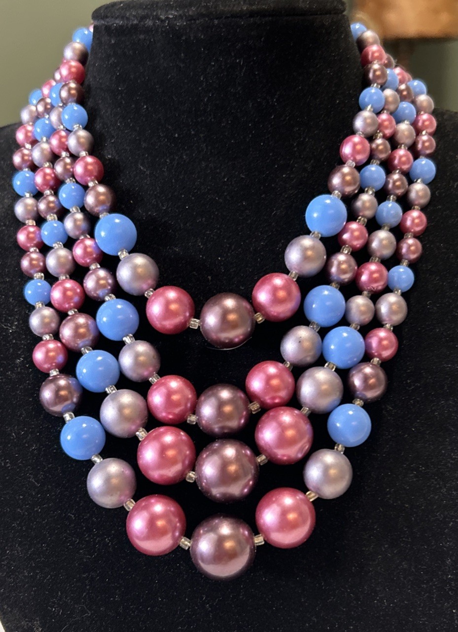 Vintage 4 Strand Purple Violet Rose & Blue Graduated Bead Necklace 17”