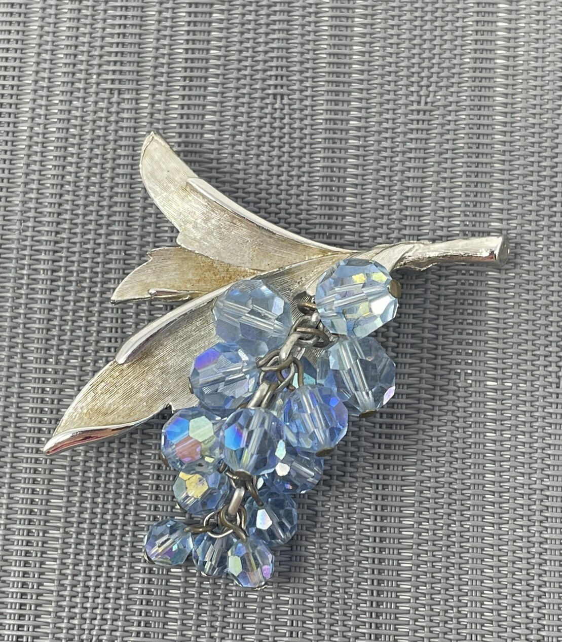 Vintage Silver Tone Blue AB Crystal Dangle Grapes Brooch Waterfall Articulating