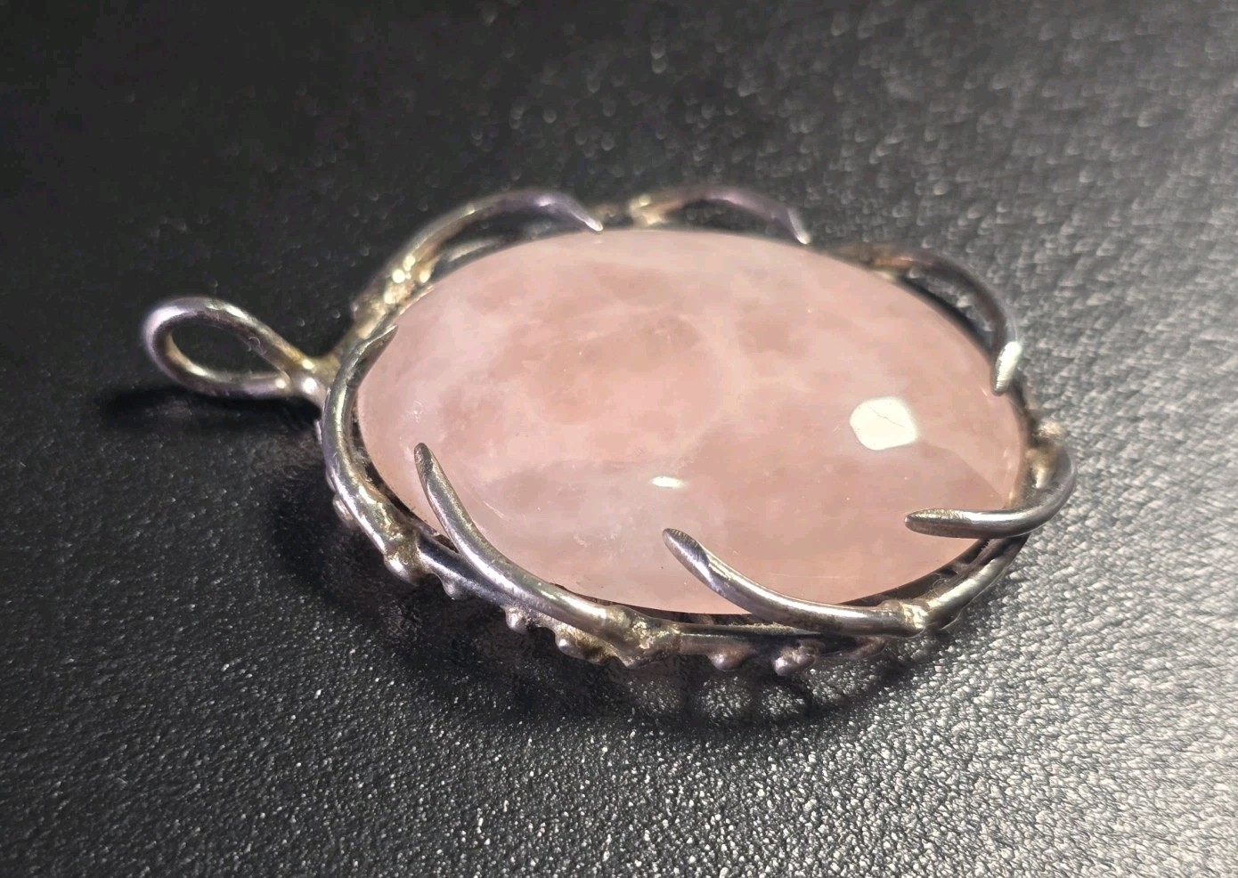 Vintage Mid-Century Brutalist Sterling Silver Rose Quartz Pendant