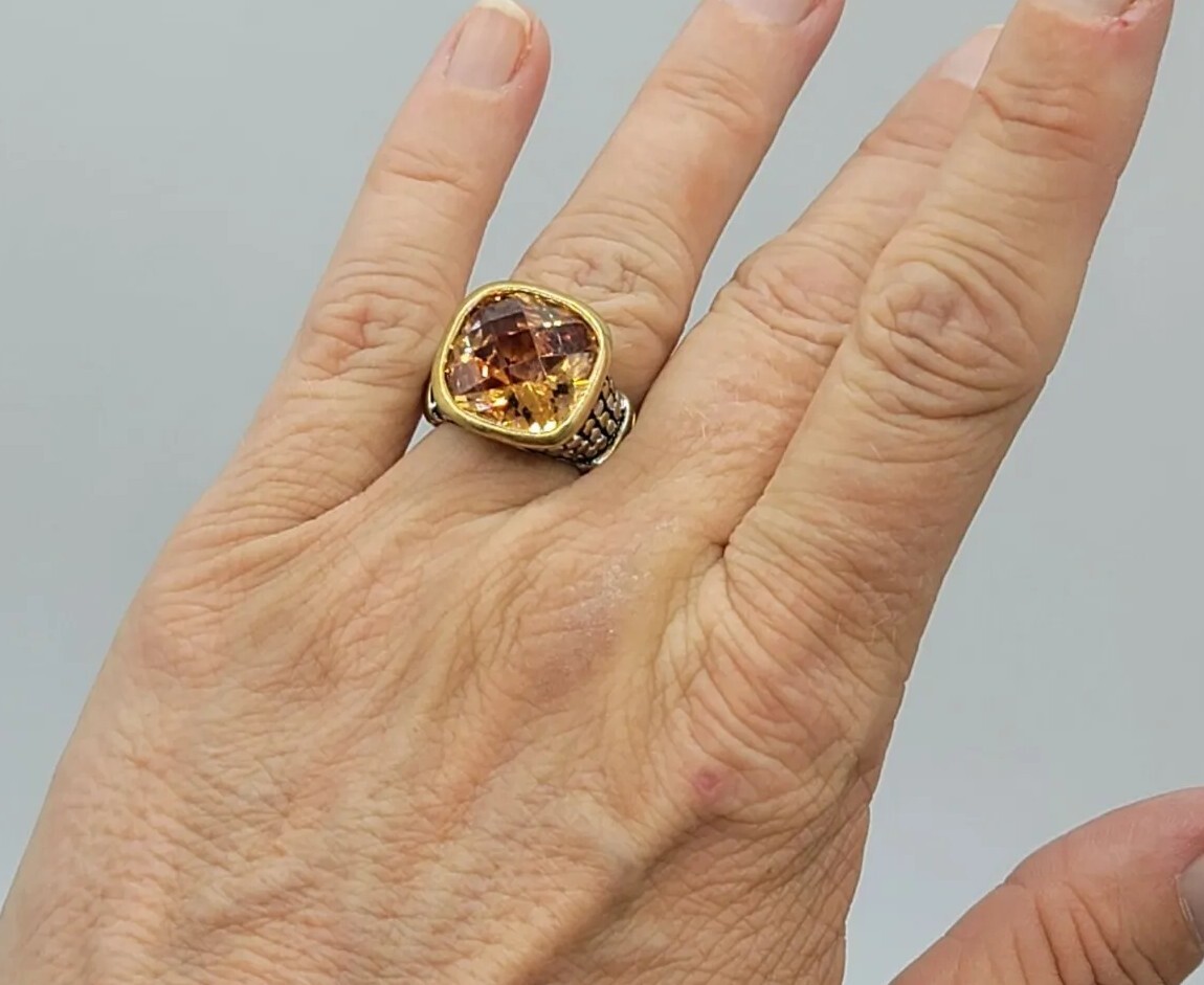 Vtg Sz 6 Ring Lg Citrine Topaz Cubic Zirconia Medieval Theme Fashion Jewelry Dot