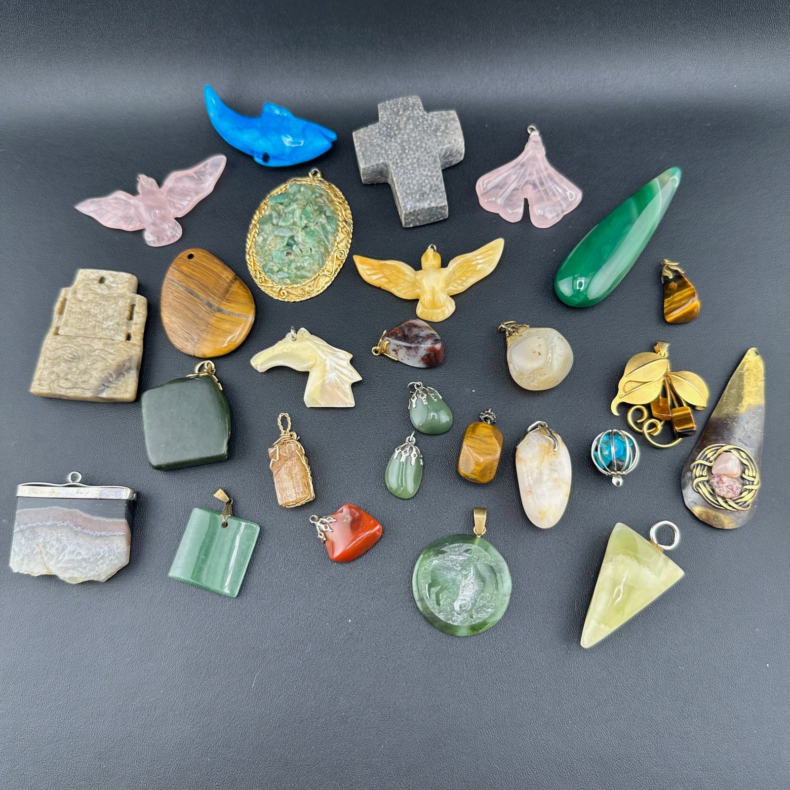 Vintage Gemstone Pendant Charm Lot Jade Quartz Agate Tigers Eye Jasper 25+