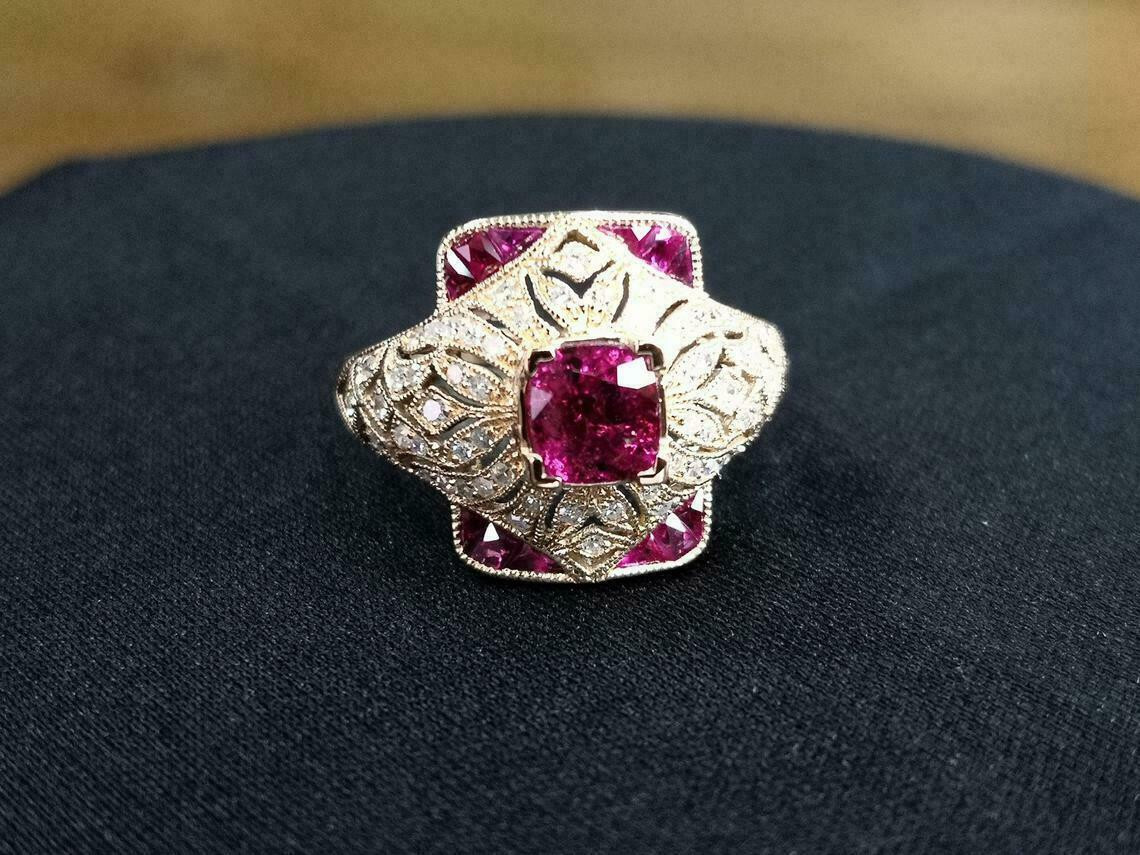 2.00 Ct Art Deco Style Red Ruby & Lab Created Diamond Engagement Ring 925 Silver