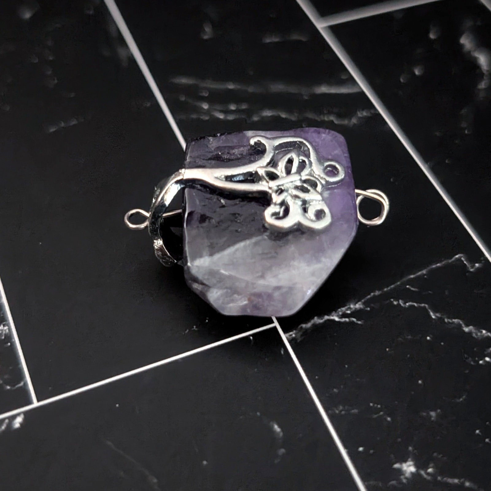 Vintage Pendant Raw Purple Stone with Silver Tone Accent – No Chain Included
