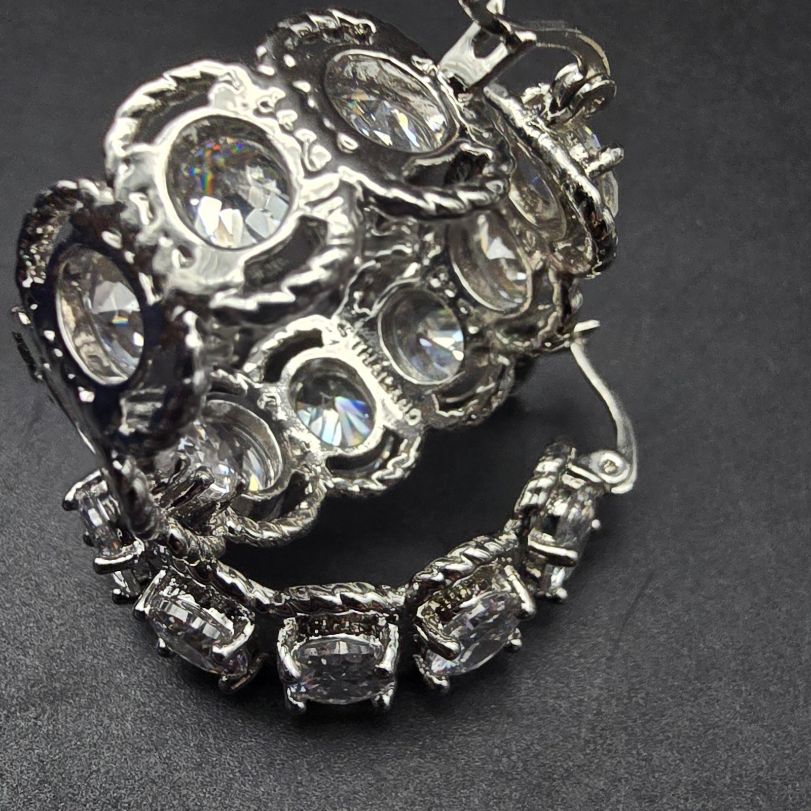 Clear Glass Rhinestone Hoop Earrings Silver Tone Thailand