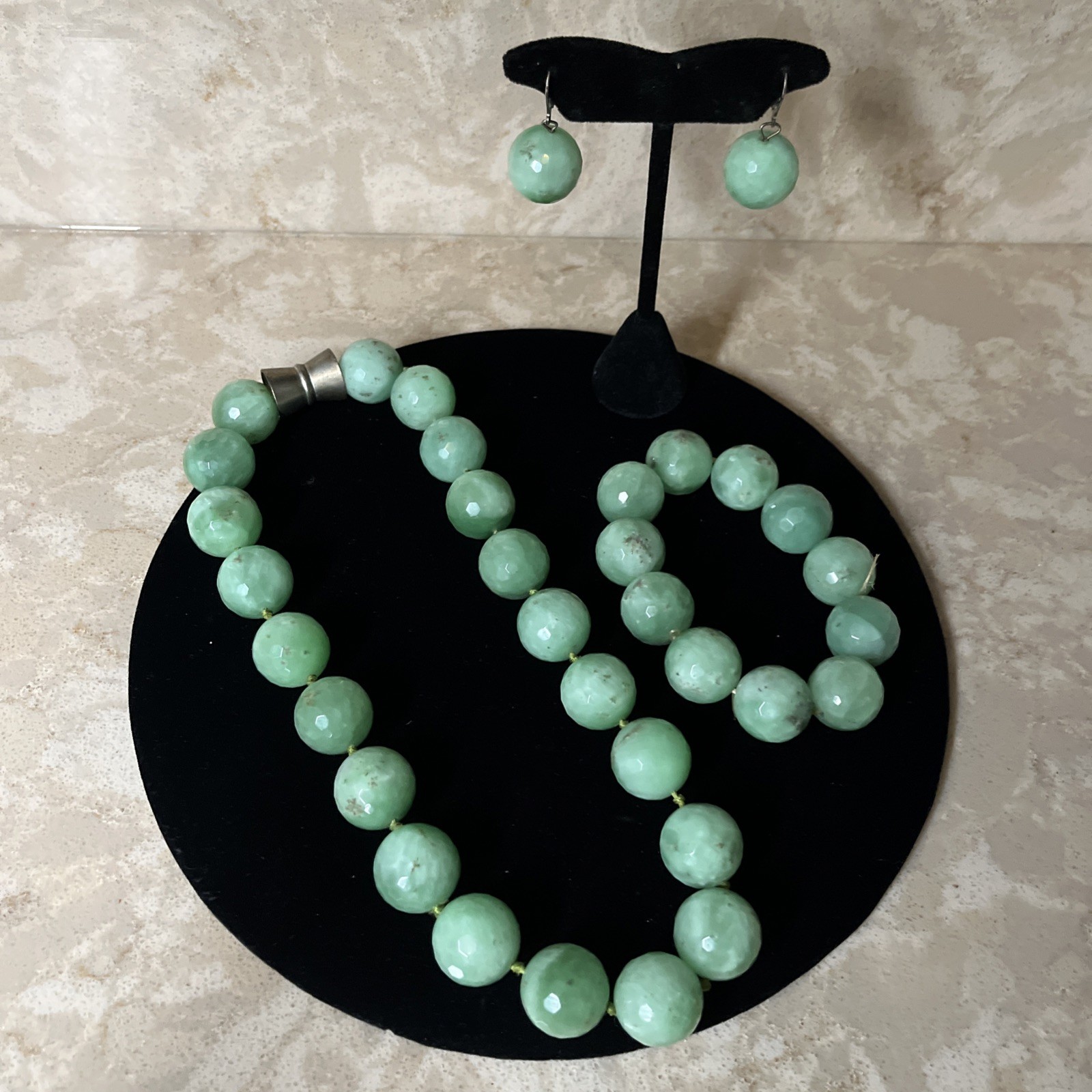 Vintage Estate Large Green Chrysoprase Beaded Necklace Bracelet Earrings Set