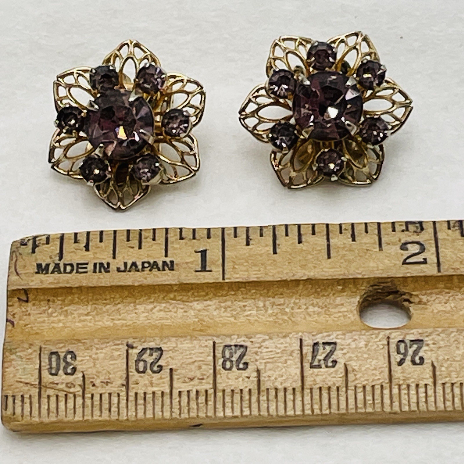 Purple Rhinestone Floral Cluster Clip on Earrings Lacy Gold Tone Metal VTG