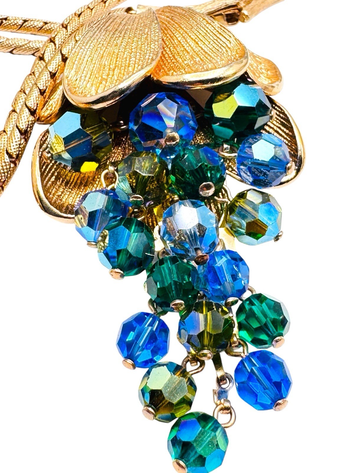 Vintage Schrager Blue Green AB Glass Dangle Bead Necklace Brooch Earrings Set