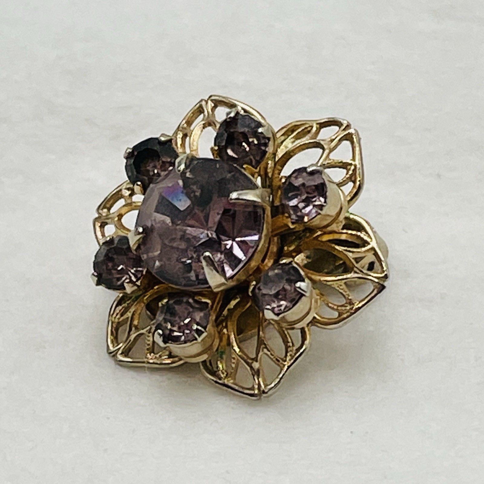 Purple Rhinestone Floral Cluster Clip on Earrings Lacy Gold Tone Metal VTG