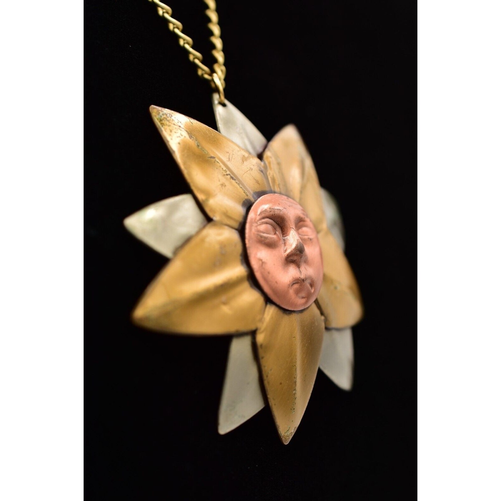 Vintage Sun Flower Pendant Necklace Copper Gold Silver Mixed Metal 1970s BinBH