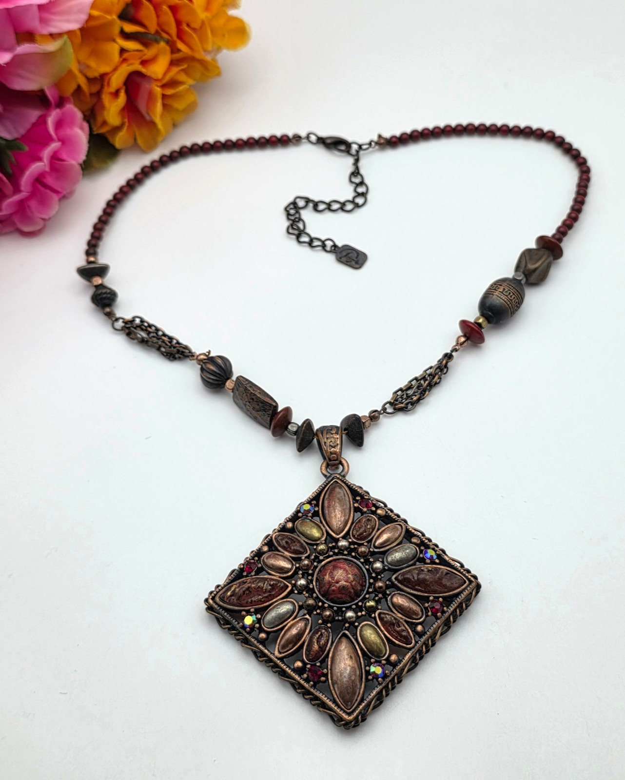 DaVinci Mosaic Statement Pendant Necklace Copper Tone Beaded 19 in Boho Vintage