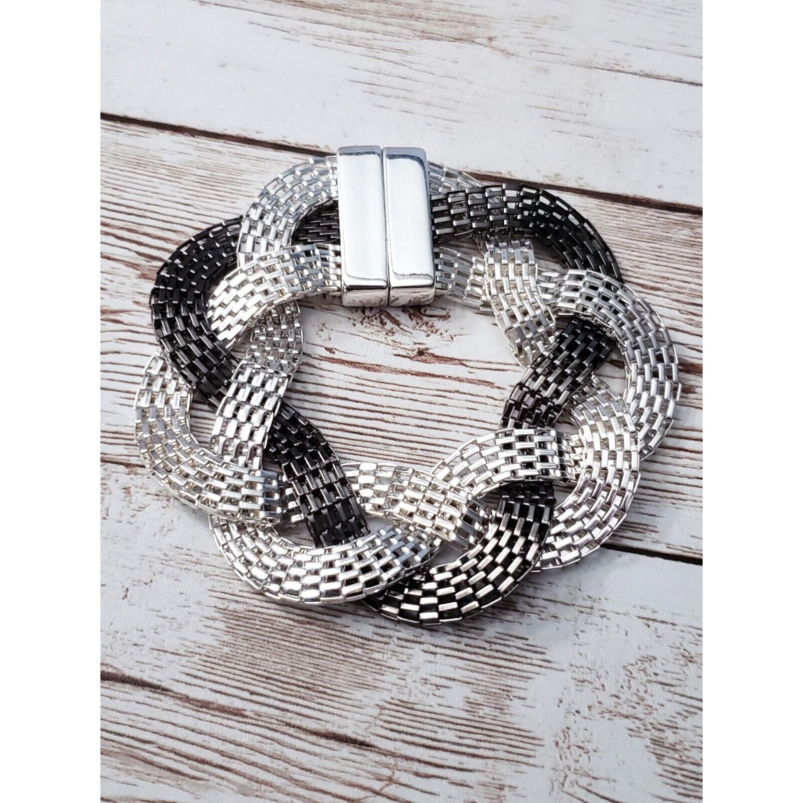 Vintage Bracelet Black & Silver Tone Twisted with Magnetic Clasp