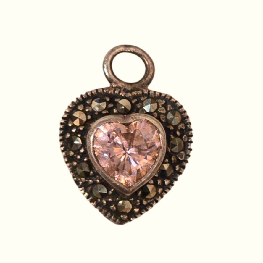 Vintage marcasite Heart Sterling Silver Pendant pink glass Gemstone 925 Jewelry