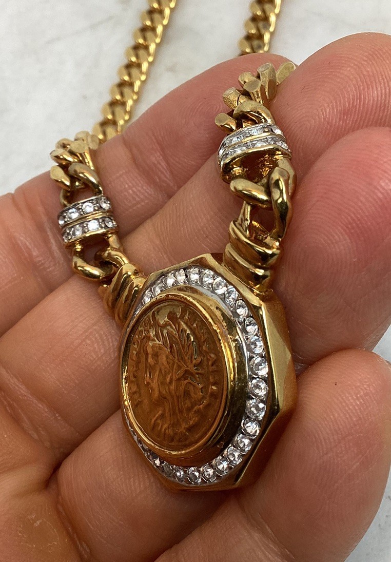 Vintage Gold Tone Roman Coin Rhinestone Pendant Curb Link Chain Necklace